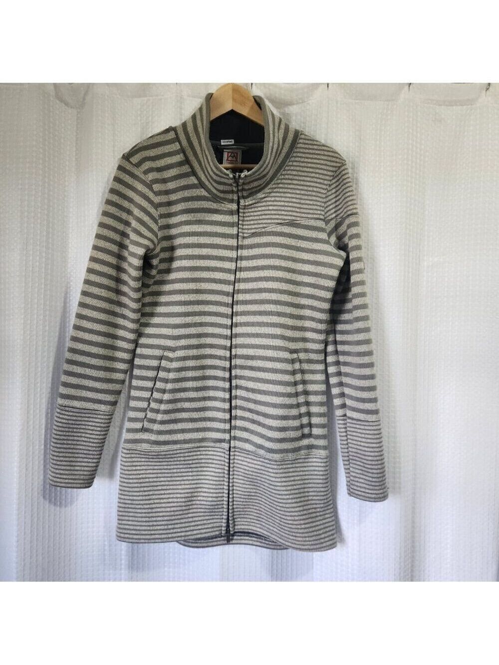 Avalanche Fleece Lined Full Zip Sweater Longline Gray Striped Jacket Size S M